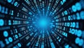 Futuristic tech background fast data transmission. Binary code streams in tunnel effect. Blue glowing binary digits create Royalty Free Stock Photo