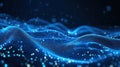 Futuristic tech background shows abstract particle mesh. Dynamic blue wave patterns create high tech design. Digital