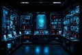 futuristic high tech control room with multiple transparent digital screens displaying data and holographic interface technology Royalty Free Stock Photo