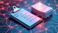 Futuristic tech documents on clipboard, stack of papers. Quality management, target marketing assignment. Inspection, evaluation