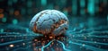 Futuristic tech illustration features robotic brain connected by network with data visualization. AI digital automation for big Royalty Free Stock Photo