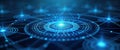 Futuristic tech illustration shows complex network of glowing blue circles, lines. Abstract biometrics, security concepts