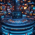 A futuristic tech interface with a glowing laptop and holographic representations on a complex digital-mechanical system