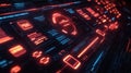 Futuristic tech interface shows software development lifecycle. Bright orange, blue lights highlight testing phases like alpha