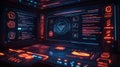 Futuristic tech interface shows software development lifecycle. Screens display code, testing phases. Alpha testing, beta testing
