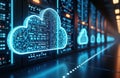 Futuristic tech scene shows cloud computing. Big data transfer on internet. Digital network connection. Modern server room. Data