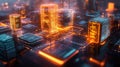 Futuristic tech smart city layout. 3D render digital supply chain. Glowing data visualizations show intricate network. Efficient