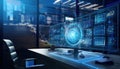 Futuristic tech workspace with glowing hologram displaying task distribution and project management. digital interface enhances