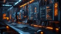 Futuristic tech workspace with multiple screens displaying AI algorithms and codes Royalty Free Stock Photo