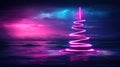 Futuristic techno christmas tree with neon lights over water in a night sky Royalty Free Stock Photo