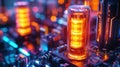 Futuristic technological circuit board with glowing elements and neon lights
