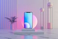 Futuristic technological light podium with neon pink panels for Smartphone presentation