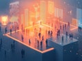 A futuristic, technologically advanced scene featuring a crowd on an illuminated platform, surrounded by large digital