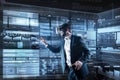 Smart man wearing virtual reality glasses while working