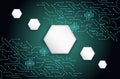 Futuristic technology background with glowing circuit lines, microchips and white hexagon elements, modern digital network design Royalty Free Stock Photo