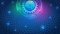 Futuristic technology background with glowing circular interface and hexagonal grid. Concept of digital control, AI systems, data Royalty Free Stock Photo