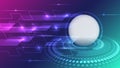 Futuristic technology background with glowing digital sphere, circular interface, and neon data lines on purple blue gradient. Royalty Free Stock Photo