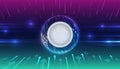 Futuristic technology background with glowing digital sphere, rising arrows, and neon data lines on blue purple gradient. Concept Royalty Free Stock Photo