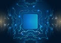 Futuristic technology background with glowing microchip frame and digital circuit lines. Concept of AI processor, data computing, Royalty Free Stock Photo