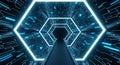 Futuristic technology background with glowing neon hexagon tunnel and circuit board patterns. Perfect for sci-fi designs, tech Royalty Free Stock Photo