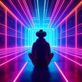 Futuristic technology background with a man in front of a colorful laser beam Royalty Free Stock Photo