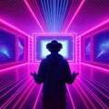Futuristic technology background with a man in front of a colorful laser beam Royalty Free Stock Photo