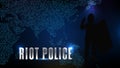 futuristic technology blue background of silhouette riot police and world map