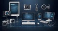 Futuristic Technology with Camera, Tablet, Smartphone and Computer Display Royalty Free Stock Photo