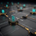 Advanced technology circuit board with neon nodes, data pathways, and binary code details Royalty Free Stock Photo