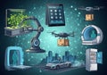Futuristic technology collage showing various concepts. Includes Royalty Free Stock Photo