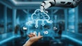 Futuristic technology concept of artificial intelligence interacting with digital cloud network and data management in Royalty Free Stock Photo