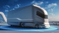 Futuristic Technology Concept: Autonomous Self-Driving Lorry Truck with Cargo Trailer Drives on the