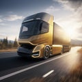 Futuristic Technology Concept: Autonomous Self-Driving Lorry Truck with Cargo Trailer Drives on the Road. Royalty Free Stock Photo