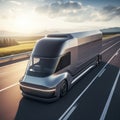 Futuristic Technology Concept: Autonomous Self-Driving Lorry Truck with Cargo Trailer Drives on the Road. Royalty Free Stock Photo