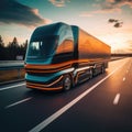 Futuristic Technology Concept: Autonomous Self-Driving Lorry Truck with Cargo Trailer Drives on the Road. Royalty Free Stock Photo