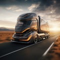 Futuristic Technology Concept: Autonomous Self-Driving Lorry Truck with Cargo Trailer Drives on the Road. Royalty Free Stock Photo