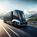 Futuristic Technology Concept: Autonomous Self-Driving Lorry Truck with Cargo Trailer Drives on the Road. Royalty Free Stock Photo