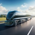 Futuristic Technology Concept: Autonomous Self-Driving Lorry Truck with Cargo Trailer Drives on the Road. Royalty Free Stock Photo