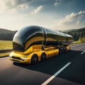 Futuristic Technology Concept: Autonomous Self-Driving Lorry Truck with Cargo Trailer Drives on the Road. Royalty Free Stock Photo