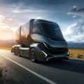 Futuristic Technology Concept: Autonomous Self-Driving Lorry Truck with Cargo Trailer Drives on the Road. Royalty Free Stock Photo