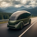 Futuristic Technology Concept: Autonomous Self-Driving Lorry Truck with Cargo Trailer Drives on the Road. Royalty Free Stock Photo