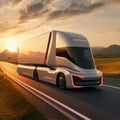 Futuristic Technology Concept: Autonomous Self-Driving Lorry Truck with Cargo Trailer Drives on the Road. Royalty Free Stock Photo