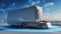 Futuristic Technology Concept: Autonomous Self-Driving Lorry Truck with Cargo Trailer Drives on the