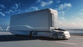 Futuristic Technology Concept: Autonomous Self-Driving Truck with Cargo Trailer Drives on the Road Royalty Free Stock Photo