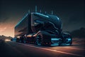 Futuristic Technology Concept: Autonomous Self-Driving Truck with Cargo Trailer Drives on the Road with Scanning Sensors Royalty Free Stock Photo