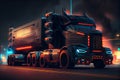 Futuristic Technology Concept: Autonomous Self-Driving Truck with Cargo Trailer Drives on the Road with Scanning Sensors Royalty Free Stock Photo