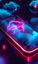 Futuristic technology concept, cloud computing concept. Phone with technological interface and clouds. On dark background Royalty Free Stock Photo