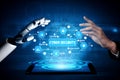 Futuristic Technology Concept of Cyber Security with Robotic Hand and Human Hand Interacting with Digital Data and Royalty Free Stock Photo