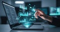 Futuristic technology concept of data visualization interacting with human touch on a laptop screen Royalty Free Stock Photo