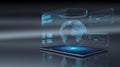 Futuristic technology concept with digital globe and tablet display Royalty Free Stock Photo